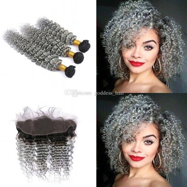 

dark roots deep wave 1b grey hair 3bundles with lace frontal ear to ear frontal with ombre 1b grey deep curly hair extension, Black;brown