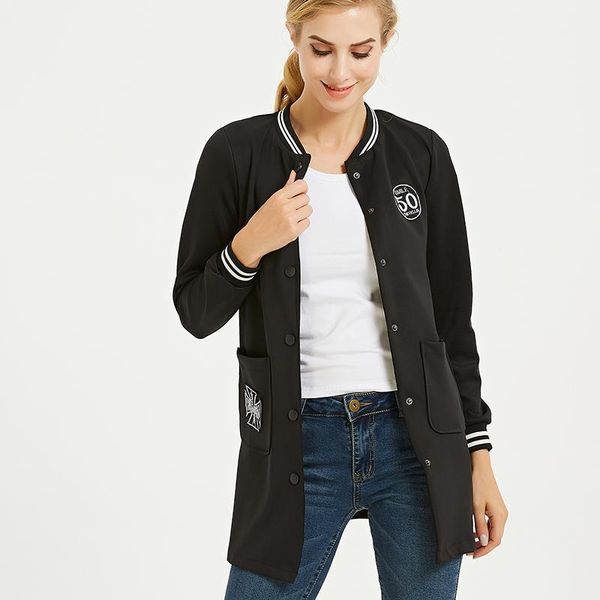 

2020 baseball jacket women's spring autumn slim cotton streetwear single breasted o-neck black gray color long basic coats1, Black;brown
