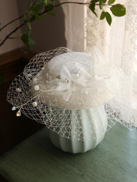 

stingy brim hats products french elegant wedding dress billycock european style retro bride headdress lace gauze debutante england1, Blue;gray