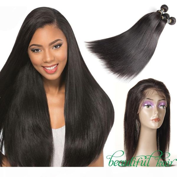 

360 lace frontal unprocessed brazilian virgin hair straight bundles with frontal human hair weave 3 bundles with 360 frontal closure, Black;brown