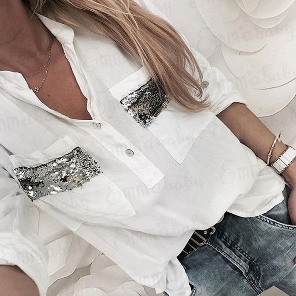 

2018 new women white blouse long sleeve button-down low cut blouse white casual shirt fashion clothes