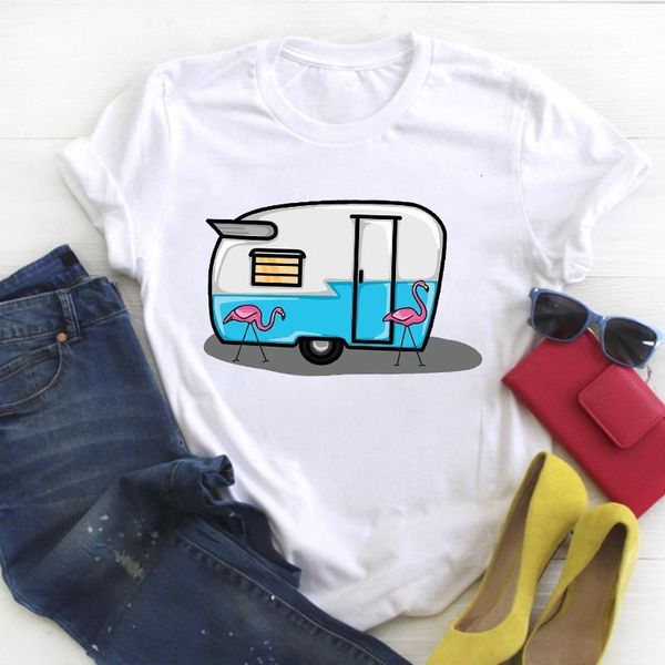 

women cartoon flamingo animal camper fashion print summer t tee ladies female shirt clothes tshirt womens graphic t-shirt, White