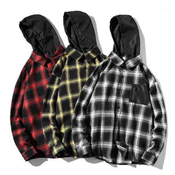 

hooded plaid shirts for men removable hooded casual long sleeve shirt hip hop streetwear japanese loose chemise homme -5xl1, White;black
