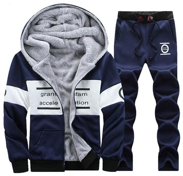 

winter warm tracksuits for men jacket pants plus size fashion thicken fleece plush sweatshirt sportswear male hooded sporting, Gray