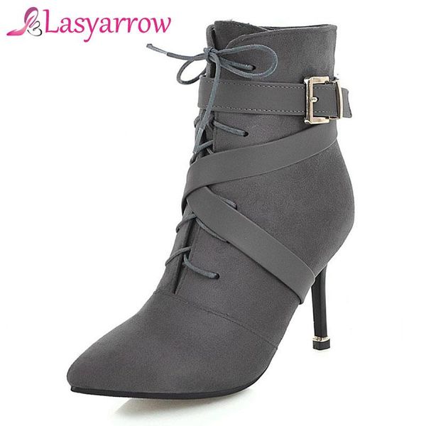 

boots lasyarrow 2021 autumn winter fashion street style pointed toe zipper botas femininas high heel belt buckle lace up shoe boot, Black