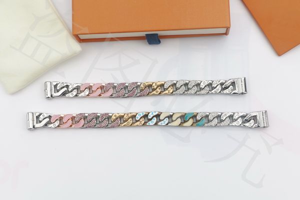 

europe america fashion men lady women silver and gold-color hardware enamel crystal engraved v initials chain link soapy bracelet mp2635, Golden;silver