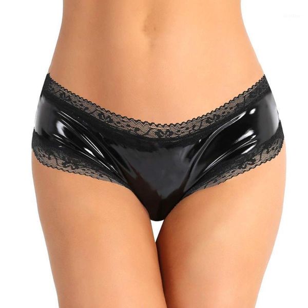 

women lingerie wet look panties patent ladies leather lace trim edge v-back hollow out mini briefs black underwear c41, Black;pink