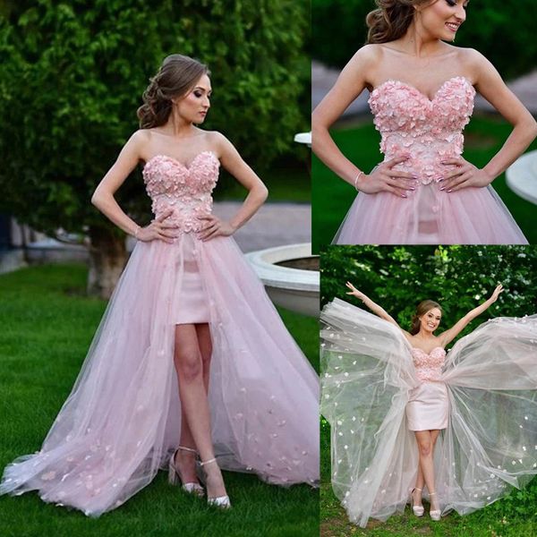 2022 Abiti da ballo vintage Hi Lo senza spalline Fiori 3D Tulle Corsetto Abito bustier Abiti da sera grigi senza schienale Abiti formali realizzati su misura