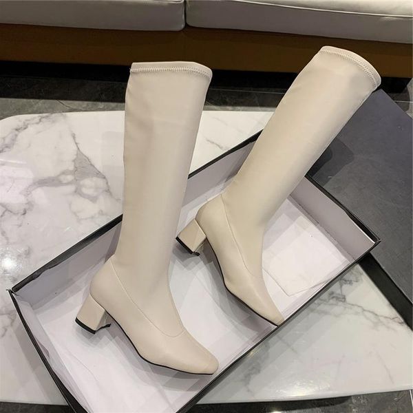 

fashion 2020 women knee high thigh sock boots block beige black heels 5cm high heels yarn elastic long thigh pleaser boots shoes