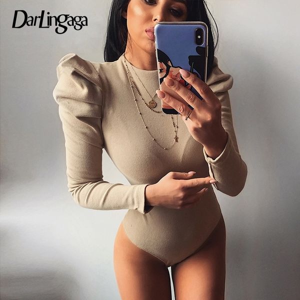 

darlingaga fashion long puff sleeve ribbed bodycon bodysuits solid autumn winter body streetwear party bodysuit women jumpsuit y200401, Black;white