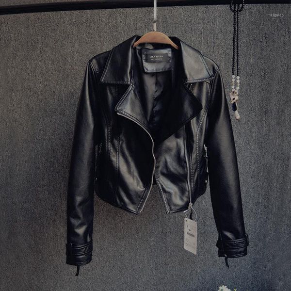 

autumn winter women short leather coat lapel long sleeve motorcycle pink leather jacket pu ladies slim jackets1, Black