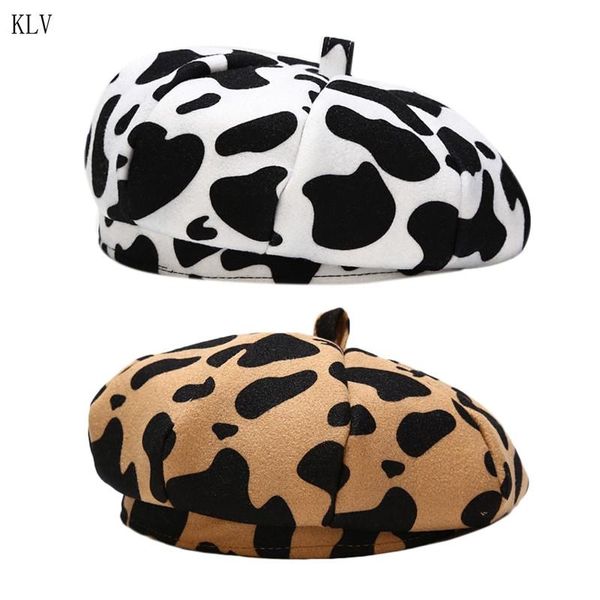 

women winter vintage french woolen beret cap milk cow printed harajuku adjustable octagonal painter newsboy beanie cap, Blue;gray