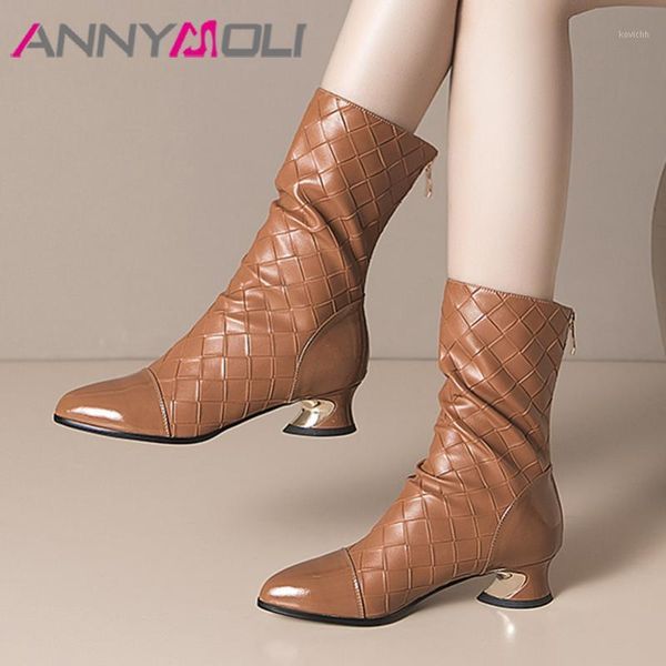 

annymoli genuine leather mid heel lady boots women mid calf boots shoes pointed toe strange style heels zipper fashion 431, Black