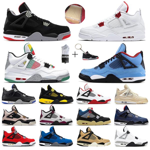 

jumpman 4 4s basketball shoes for men women union travis scotts white sail metallic green bred black cat outdoor trainer sports sneakers, White;red