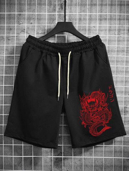

men chinese dragon graphic drawstring waist shorts 92sa#, Black
