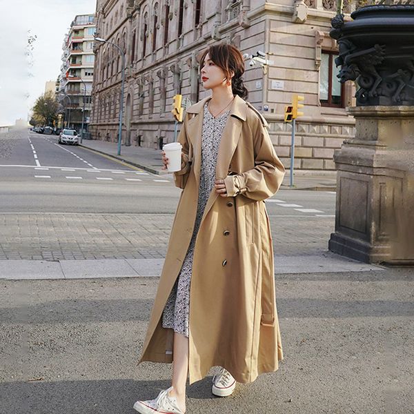 

2021 new trench women's coat long fashion new korean spring casual lapel loose khaki waistline solid female jacket 32m 3ffk, Black;brown