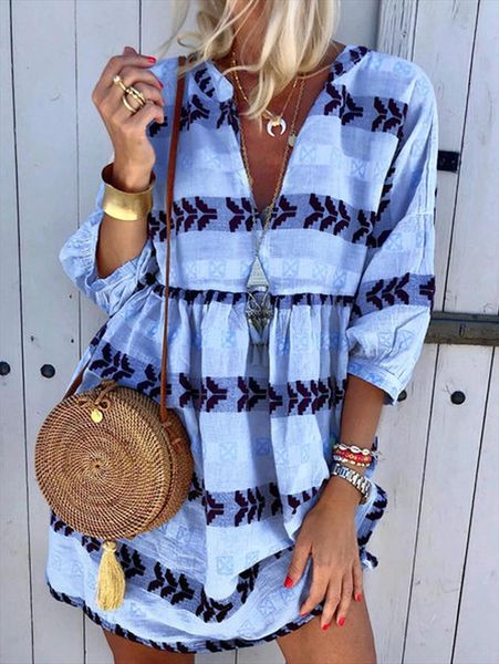 

summer clothes for women three quarter sleeves t shirt dress v neck boho loose plus size dress beach print dresses, Black;gray