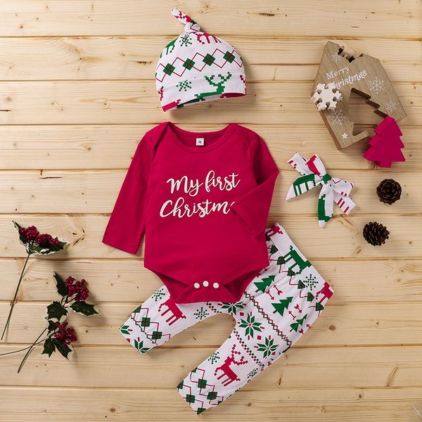 

xmas baby wear clothing set long sleeve romper pants headband 3 pcs fashion infants girl my 1st christmas santa baby outfits clothes, White