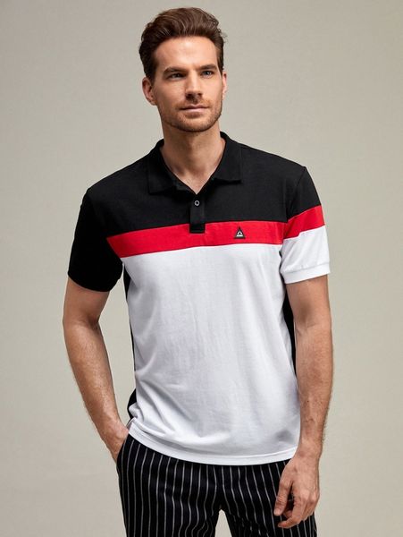 

men letter patch colorblock polo shirt r5wf#, White;black