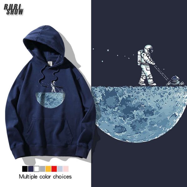 

nasa co branded men's hoodie fashion ins astronaut couple trend plush thick autumn and winter coat, Black