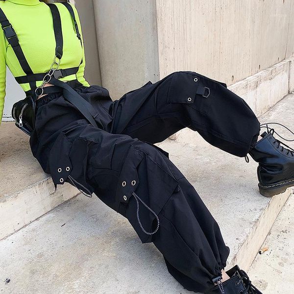 

women black cargo pants clothes fashion pant with big pocket sport trousers high waist vintage sweatpants streetwear p90601, Black;white