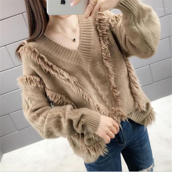 

vintage solid color elegant women sweater 2020 autumn winter women's sweaters v-neck fringed pullover knitting sweater1, White;black