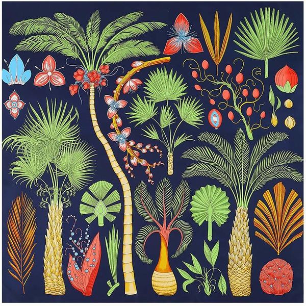 

designer twill silk scarf female palm tree print square scarfs fashion sunscreen towel female lapel big head scarf shawl scarf plaid hijab, Blue;gray