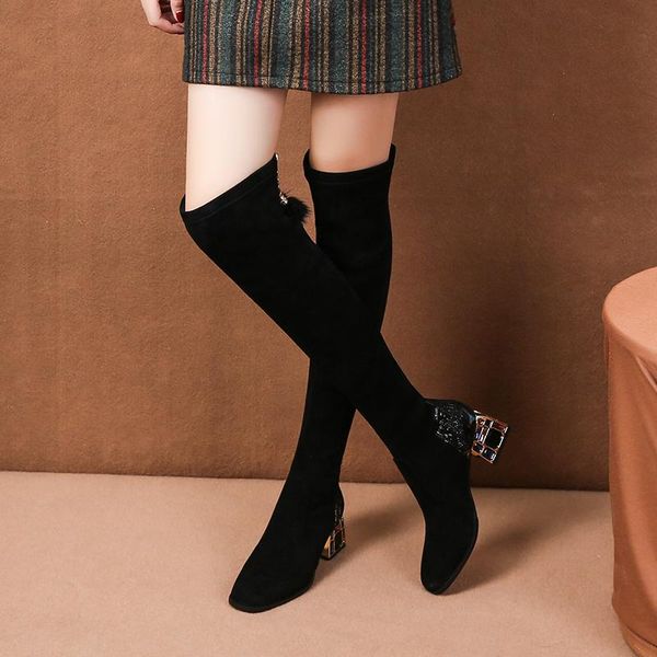 

autumn female over the knee boots square head thick heel socks boots women light weight winter shoes woman rhinestone botas, Black