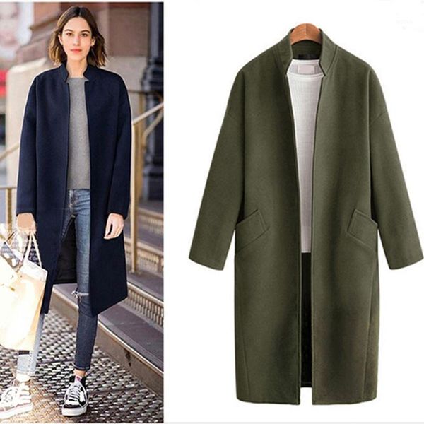 

2020 fall winter women simple classic stand collar open stitch oversized wool coat female windbreaker outerwear long wool jacket1, Black