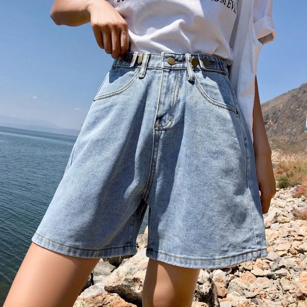 

women's jeans denim shorts classic vintage high waist blue wide leg female caual elegant summer ladies slim-fit pant