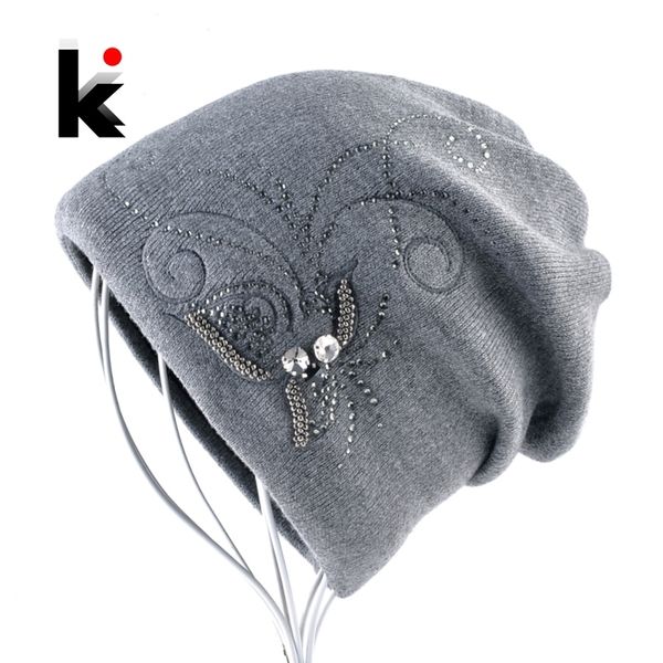 Fiz gorro de lã de malha feminino Ladies Ladies elegantes bordados jóias Chapéus para mulheres Skullies Skullies Beanies Bonnet Y200102 S