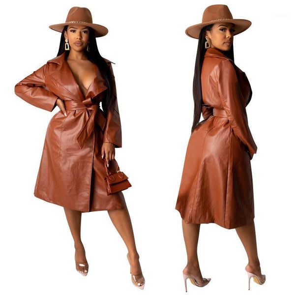 

haoohu 2020 new women's faux leather coats fahsion trends high street solid long sleeve sashes slim elegant coats and jackets1, Black