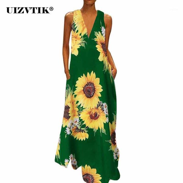 

summer dress women 2020 casual plus size slim sunflower print a line maxi dresses elegant deep v neck long party dress 5xl1, Black;gray