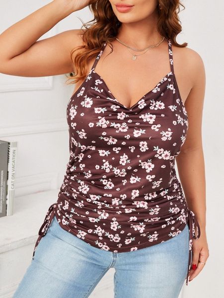 

plus floral print draped drawstring side cami a8ef#, Black