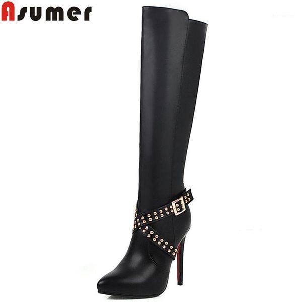 

boots asumer 2021 knee high pointed toe zip ladies autumn winter heels women big size1, Black