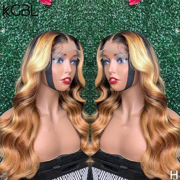 

lace wigs kgbl highlight wavy t-part front human hair 180% density non-remy 8''-24'' brazilian with baby medium ratio, Black;brown