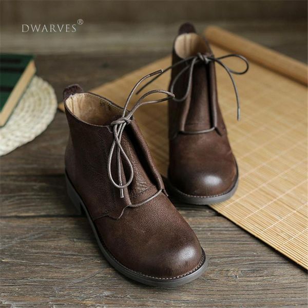 

women's ankle boots leather round toe retro flat shoes casual boots black/coffee