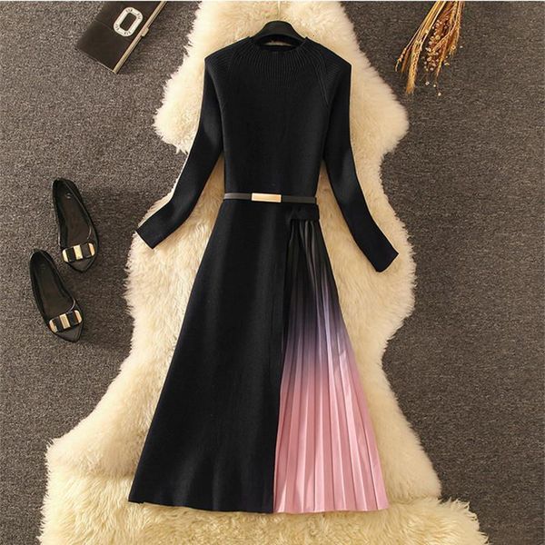 

winter dress 2020 elegant long midi party dress warm knitted long sleeve slim formal pleated dress autumn spring, Black;gray