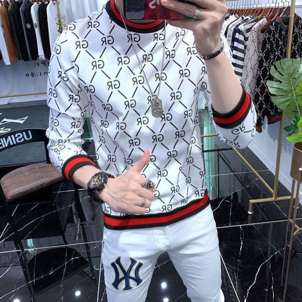 

autumn new velvet sweater men's trendy brand slim bottoming shirt round neck pullover long sleeve t-shirt printing1, White;black