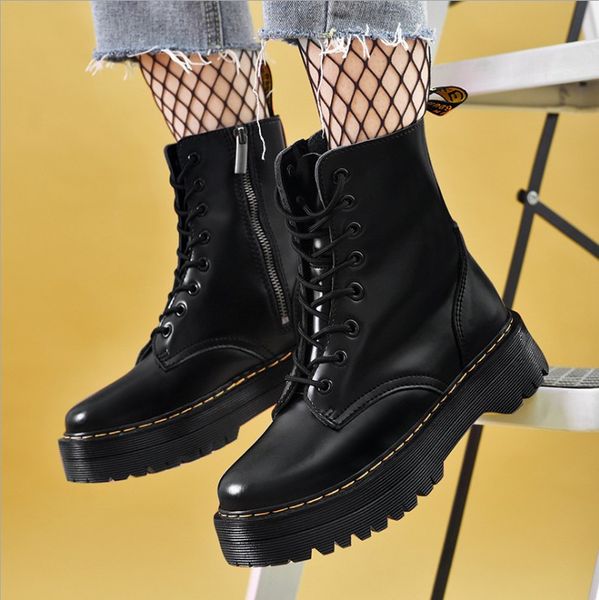 

women martin boots ankle shoes genuine leather ankle boots flat platform shoes female chunky motorcycle combat boots, Black