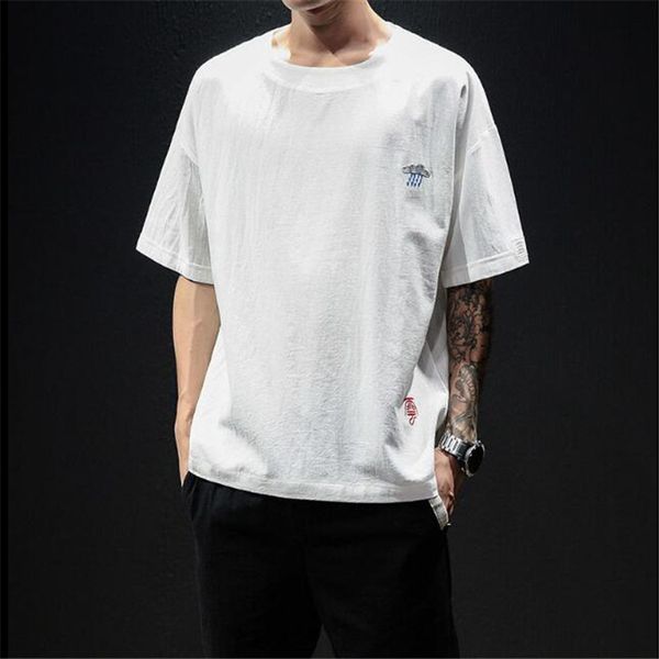 

summer linen men's t-shirts flash rain embroidery baggy cotton soid short sleeve tee shirts male clothes camisetas hombre kg-196, White;black