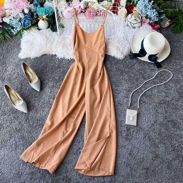 

women sleeveless v-neck backless halter jumpsuit 2020 summer beach style solid split loose wide-leg female long jumpsuits1, Black;white