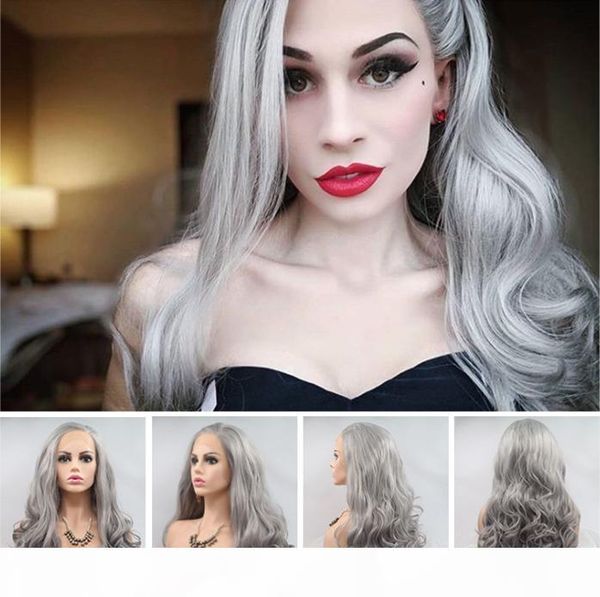 

silver grey color body wave hair synthetic lace front wigs heat resistant fiber hair for women hair wigs cosplay,party, Black