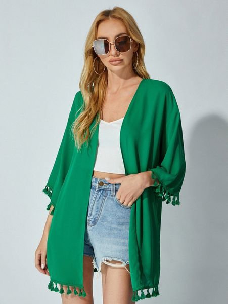 

open front drop shoulder tassel hem kimono x14l#, White;black