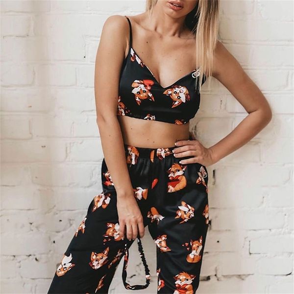 

suphis spaghetti strap fox pajamas print summer two piece set and pants sleepwear satin women v neck nightwear pattern lj200814, Black;red