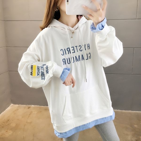 

2020 autumn korean style loose hooded letter embroidered sweaterembroidered sweaterfake two-piece large size women's sweater for wom, Black