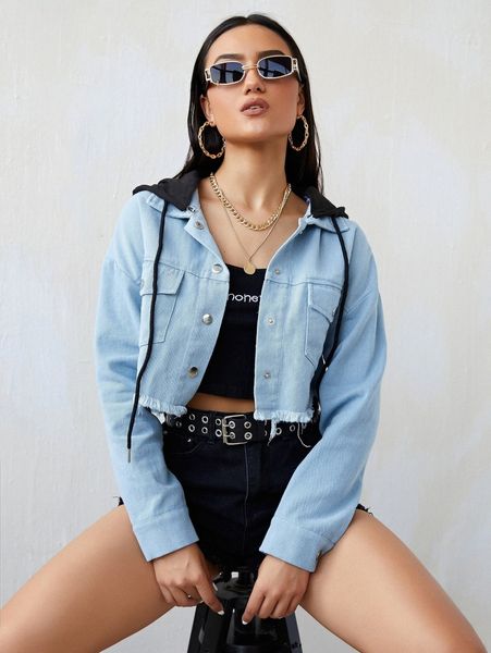 

drop shoulder hooded drawstring button front jacket e9l4#, Black;brown