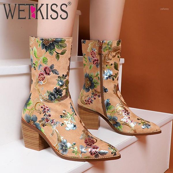

boots wetkiss print western ankle women cuban heel high booties pointed toe shoes female exotic ladies winter plus size 441, Black