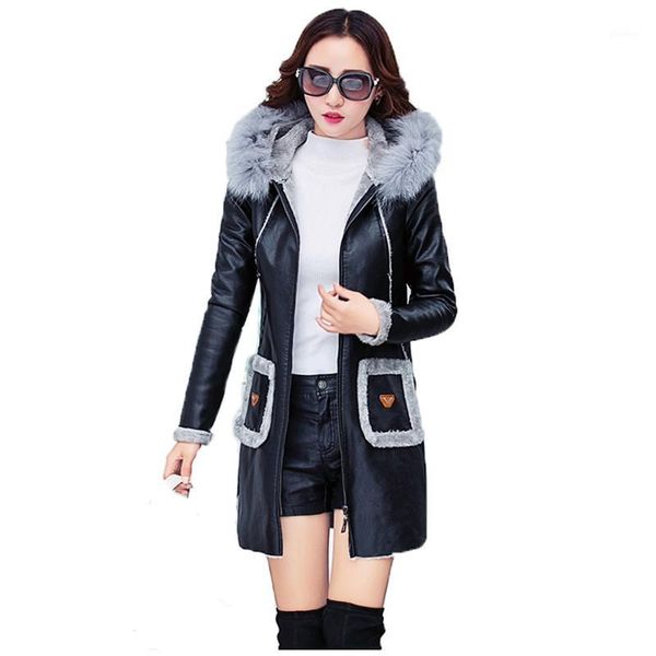 

winter plus velvet faux leather coat women yellow gray 3xl plus size jacket 2019 korean new hooded fashion long jacket jd6821, Black