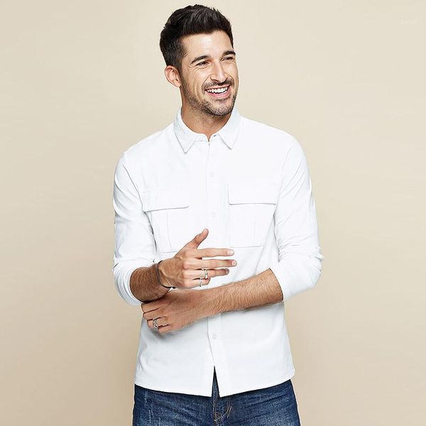 

kuegou 2020 autumn 100% cotton white pocket shirt men dress button casual slim fit long sleeve male fashion brand blouse 77651, White;black